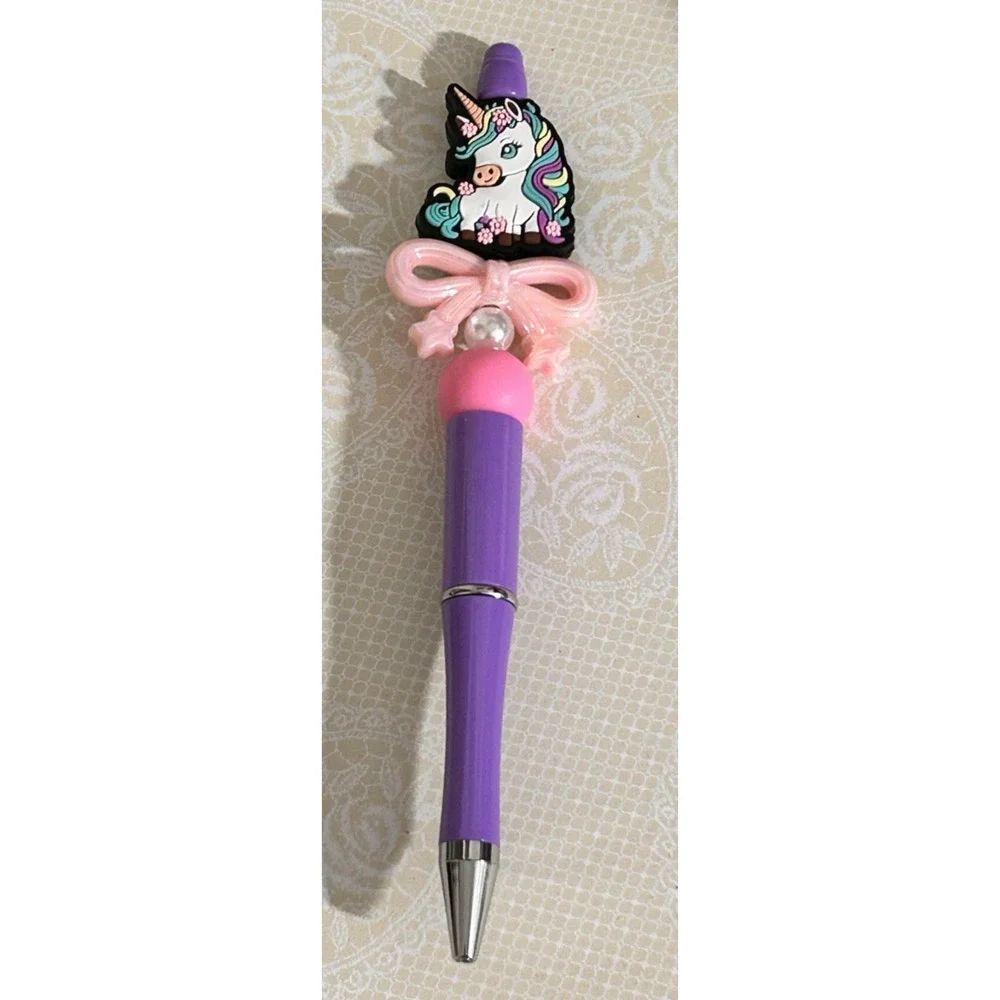 Custom Beaded Pen Unicorn Purple Pink Bow Unique Gift Handmade Girly Coquette